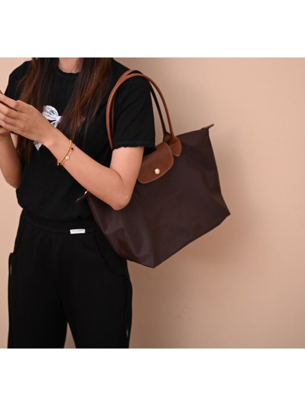 Longchamp Le Pliage Large Brown Nylon Long Handle Tote Bag - Picture 3 of 5